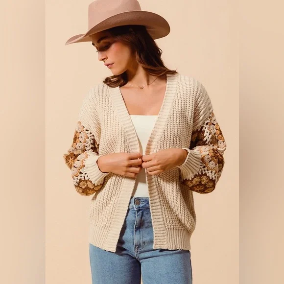 Beige ivory Flower floral granny embroidered cardigan boho bohemian sweater - Picture 10 of 16